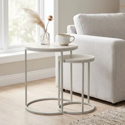 Set 2 măsuțe de cafea Trends4You, metal & MDF, design modern, alb