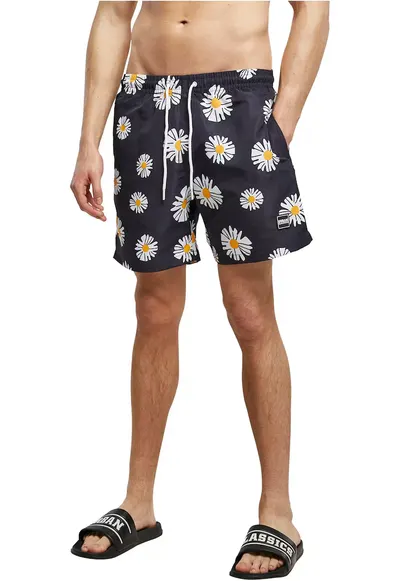 Pantaloni scurti de baie cu model si buzunare laterale - Alb/Galben/Gri antracit