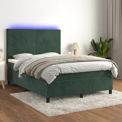 Gossi pat cu arcuri, saltea si led, verde inchis, 140x190 cm, catifea