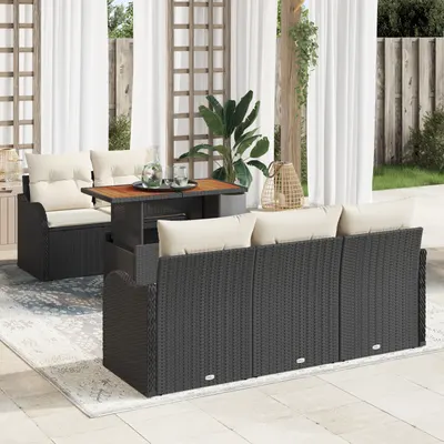 Set de sofa pentru gradina Gossi de 6 piese cu perne, negru ratan poly, sofa de 2 locuri Gossi cu spatiu de depozitare si perne, negru ratan poly