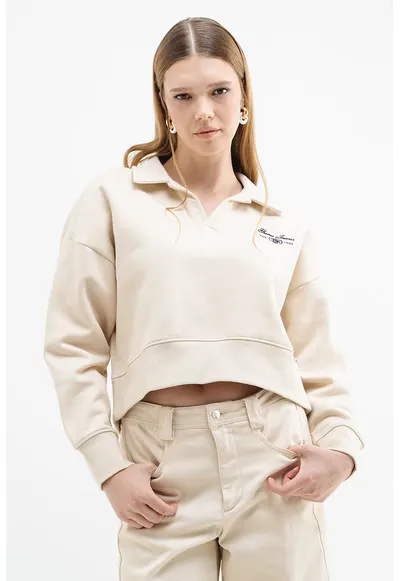 Bluza de trening crop cu guler polo - Bej deschis