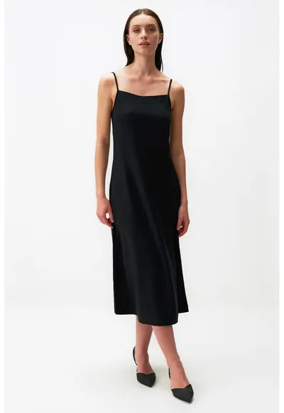 Rochie midi din amestec de in - Negru