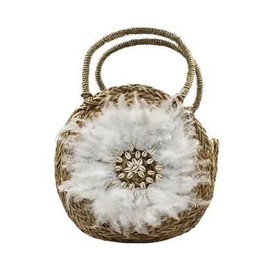 Geantă Boho din Fibre Naturale cu Scoici și Pene – Hoff Interieur, alb