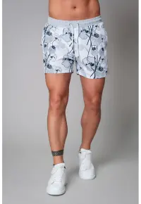 Pantaloni scurti de baie cu model floral si buzunare laterale cu fermoar - Albastru inchis/Alb optic