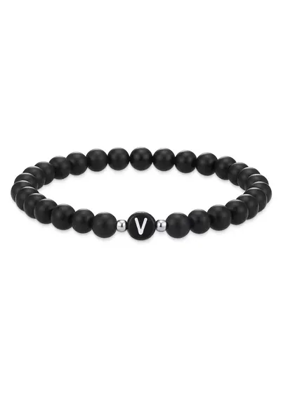 Bratara unisex din agat decorata cu litera V - Negru