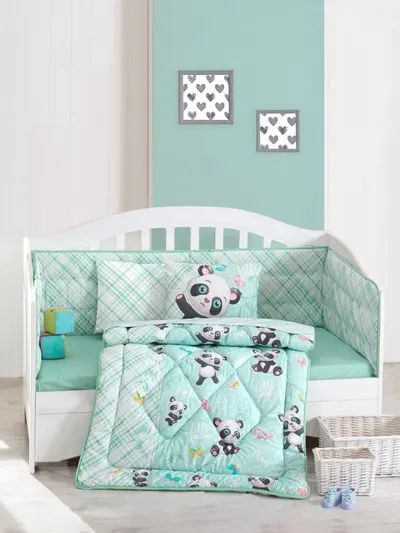 Lenjerie patut cu 6 piese Baby Ranforce Panda Mint