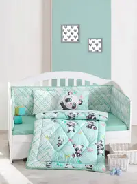 Lenjerie patut cu 6 piese Baby Ranforce Panda Mint