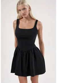 Rochie Mini Tip A - Guler Patrat - Elastic - Negru - Femei