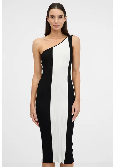 Rochie midi bodycon cu decolteu oe un umar - Alb/Negru