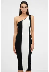 Rochie midi bodycon cu decolteu oe un umar - Alb/Negru