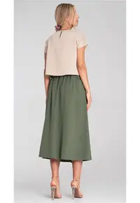 Fusta midi verde - talie inalta - curea - evazata - cu buzunare -
