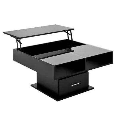 Masă de cafea multifuncțională, cu finisaj lucios și lift, cu iluminare LED, reglabilă pe înălțime și cu spațiu de depozitare flexibil, 78x78x45,5 cm, Negru