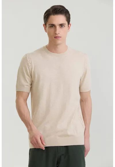 Tricou tricotat fin din bumbac - Bej nisip