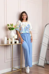Compleu dama Deborah cu bluza vaporoasa si pantaloni largi - Bleu