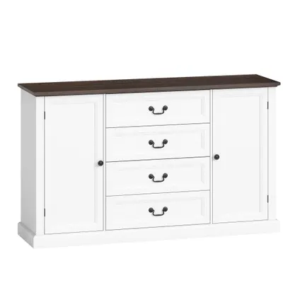 HOMCOM Credență de Bucătărie, Mobilier de Bucătărie cu 4 Sertare Soft Close, Blat Gros, Bufet cu Rafturi Reglabile, Stil Rustic, pentru Sufragerie, Sala de Mese, 147x40x87 cm, Alb | Aosom Romania