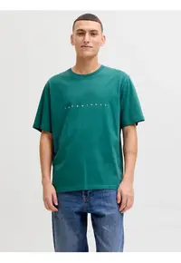 Tricou barbati JJESTAR JJ TEE SS - cu textul Jack & Jones - Relaxed Fit - Verde inchis