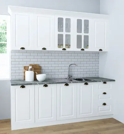 Set bucatarie SQUARE 200 cm, 6 corpuri, blat termorezistent, fronturi MDF, alb rustic