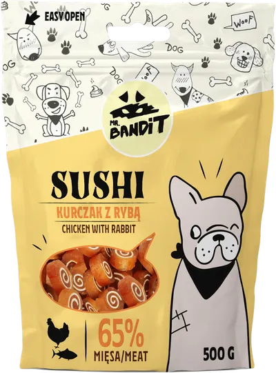Recompense pentru caini Mr. Bandit SUSHI, pui si peste, 80g