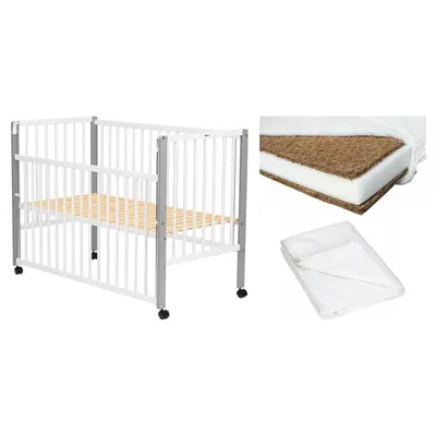 Set Patut din lemn bebe Qmini, Maya cu laterala culisanta, 120x60 cm, Alb + Saltea patut bebe, Cocos Confort II, Cu fibre de cocos si strat de burete, 120x60x8 cm + Protectie impermeabila, Pentru patuturi 120x60 cm, Alb