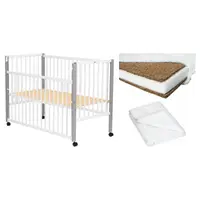 Set Patut din lemn bebe Qmini, Maya cu laterala culisanta, 120x60 cm, Alb + Saltea patut bebe, Cocos Confort II, Cu fibre de cocos si strat de burete, 120x60x8 cm + Protectie impermeabila, Pentru patuturi 120x60 cm, Alb