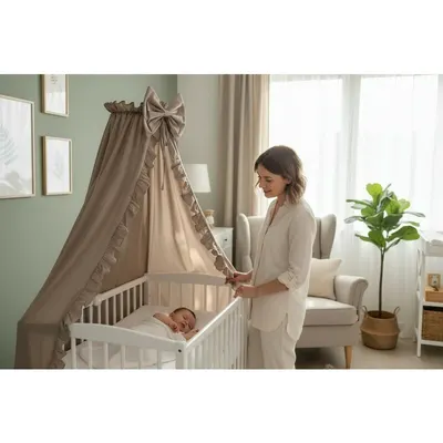 Baldachin pentru patut MimiNu cu funda si volanas 210x145 cm Colectia Royal Mocha