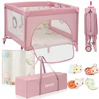 Tarc de joaca Lionelo Mille Plus Roz, pliabil, include saltea, 4 jucarii cu velcro, manere textile 100x100x77 cm