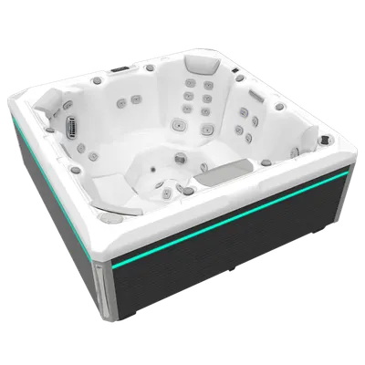 Minipiscina jacuzzi 7 persoane, alb-lucios, 46 jeturi, 215 x 215 cm, WiFi, Gecko IN.YE-3, sistem In-line WIS, scara SMART-IN STEP PEAKLIFE, Wellis Mandala Life Premium Plus