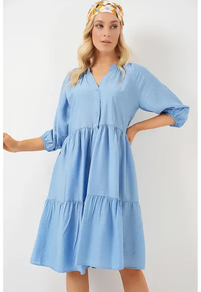 Rochie midi dama HiCCUP - maneci trei sferturi - viscoza/nylon - albastru