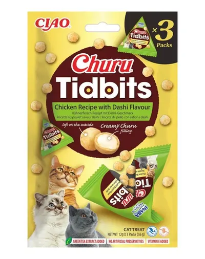 INABA Cat Churu Tidbits Rețetă cu Pui și Aromă Dashi 3×12 g gustări moi și cremoase cu pui și bulion Dashi pentru pisici