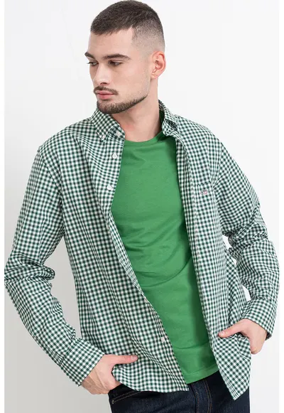 Camasa din bumbac Gingham - Alb/Verde inchis