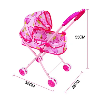 Cărucior Păpuși Pliabil „Strawberry Design” - Landou Roz cu Imprimeu Căpșuni și Copertină 6511110009547 Engros
