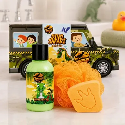 Set cadou de baie pentru copii, Dinopark Adventure SUV, Accentra, spumant, bilă efervescentă și burete