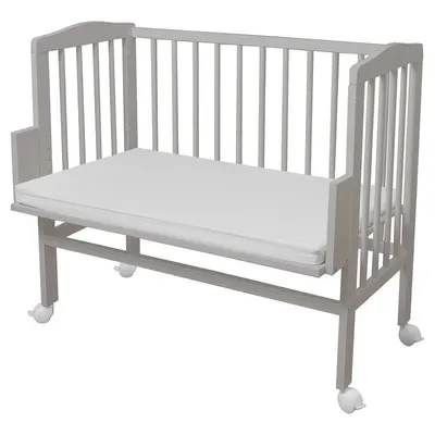 Patut, Waldin, Bedside 2in1 Gri, 90x55 cm, lemn de fag, vopsea certificata, roti blocabile, laterala detasabila, co-sleeping, Saltea inclusa, Resigilat