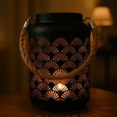 Felinar decorativ, din metal, cu model perforat evantai și mâner din sfoară, 17 cm, Arti Casa