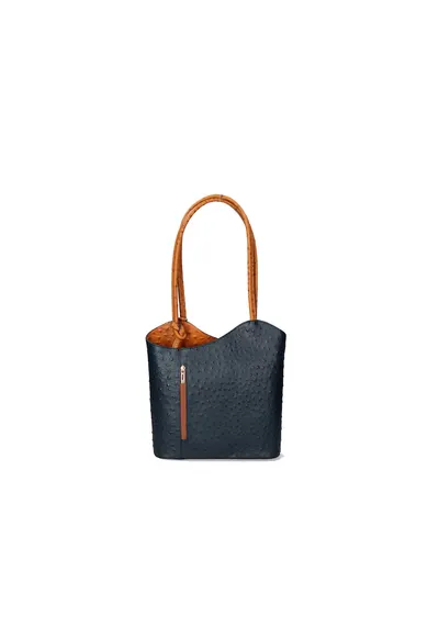 Rucsac de piele cu imprimeu piele de strut - Caramel/Albastru