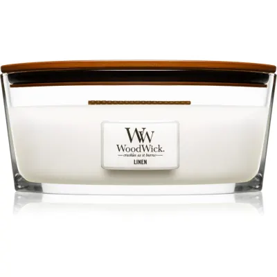 Woodwick Linen lumânare parfumată cu fitil din lemn (hearthwick) 453.6 g