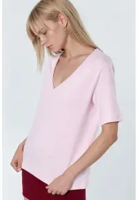 Tricou dama - tricou cu decolteu in V - croiala regular - roz pudra - bumbac