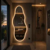 RESIGILAT - Oglinda LED forma asimetrica 55x180 cm iluminare 3 culori touch ceas digital