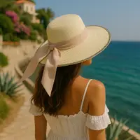 Pălărie de plajă damă Tiara, crem/natur cu fundă bej, boruri largi, elegantă, ușoară și respirabilă, protecție solară, diametru 36 cm