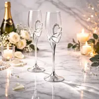Set pahare șampanie AZAY cu inimă dublă și cristale, 25.5 cm, pahare flute elegante, cadou premium cu cutie și tissue paper