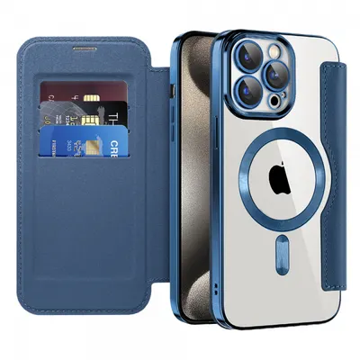 Husa MagSafe pentru Apple iPhone 15 Pro Max, Techsuit, SmartMag Book, Albastra