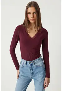 Bluza dama - Happiness Istanbul - Dantela - Mov inchis - Decolteu in V
