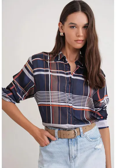 Camasa dama - camasa din satin cu nasturi - bleumarin - textil