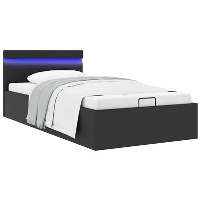 vidaXL Cadru pat hidraulic cu ladă LED negru 90x200 cm piele ecologică