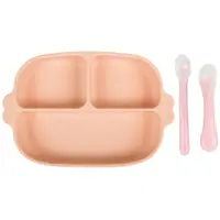 Set farfurie cu ventuza si 2 lingurite din silicon fara BPA roz, 1 bucata, KidsCare