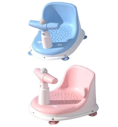 Scaunel de baie pentru copii Little Mom Baby Crown Blue, design ergonomic cu spatar, cu husa detasabila din cauciuc, cu ghidon de sustinere si Claxon, dimensiune 20 x 30 x 36 cm