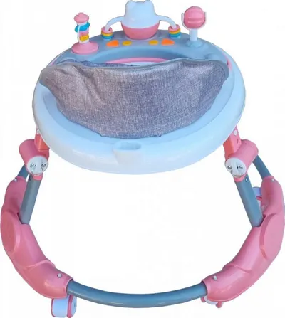 Premergator reglabil in 6 trepte de inaltime Novokids Little Kitty Roz, cu melodii, pliabil, greutate admisa 20 kg, roti silentioase