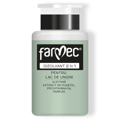 Dizolvant 2 n 1 Pentru Lac De Unghii Cu Extract De Mușețel, Cu Pompiță Dozatoare ndepărtare Rapidă și ngrijire, Farmec, 150 Ml