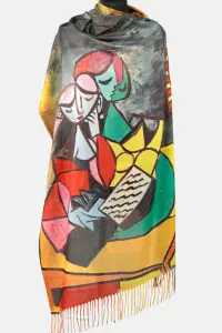 Esarfa cashmere cu doua fete imprimata cu model inspirat a Two girls reading a lui Picasso