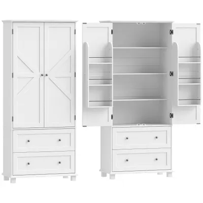 HOMCOM Bufet înalt bucătărie, dulap de bucătărie 2 uși, 2 sertare, 6 suporturi pe uși, rafturi reglabile, 80x39,5x184,5cm, alb | Aosom Romania